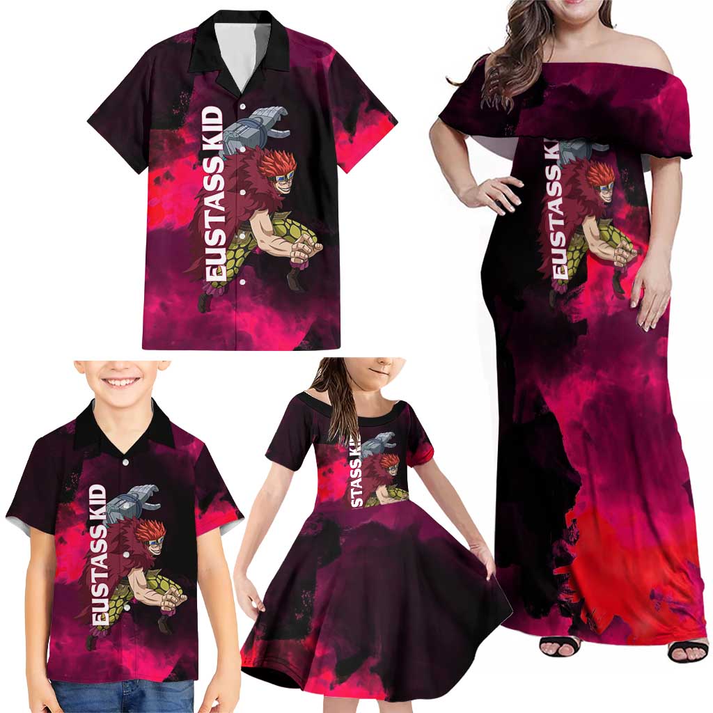 Eustass Kid One Piece Theme Red and Black Grunge Design Family Matching Off Shoulder Maxi Dress and Hawaiian Shirt with Mechanical Arm and Pirate Emblem