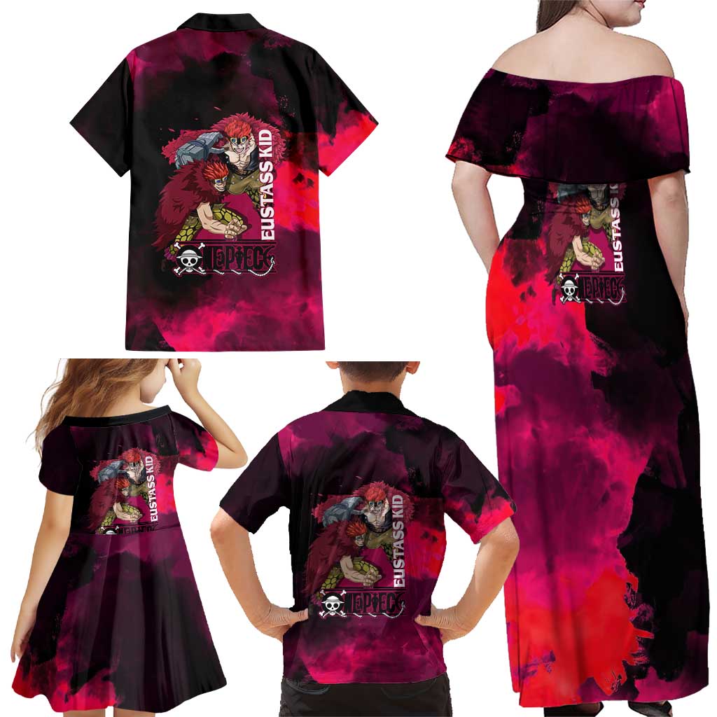 Eustass Kid One Piece Theme Red and Black Grunge Design Family Matching Off Shoulder Maxi Dress and Hawaiian Shirt with Mechanical Arm and Pirate Emblem
