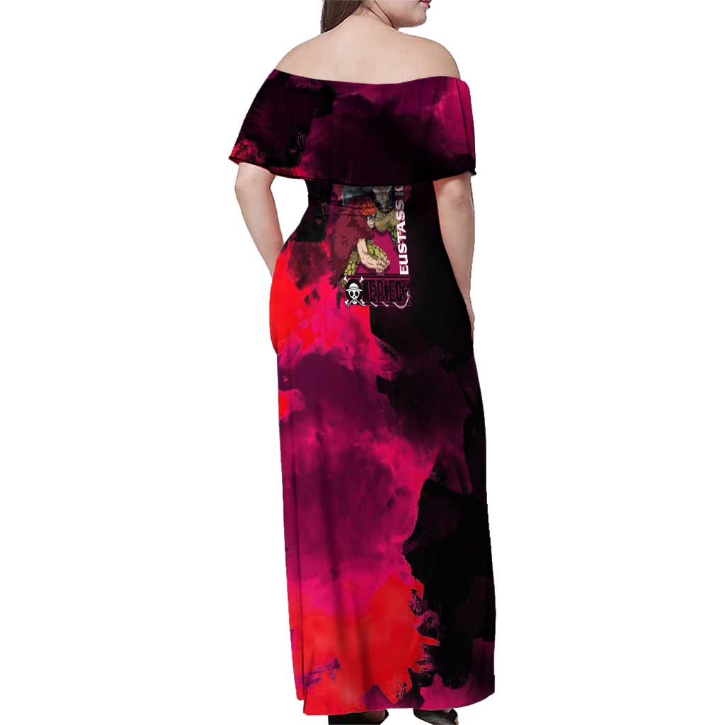 Eustass Kid One Piece Theme Red and Black Grunge Design Family Matching Off Shoulder Maxi Dress and Hawaiian Shirt with Mechanical Arm and Pirate Emblem