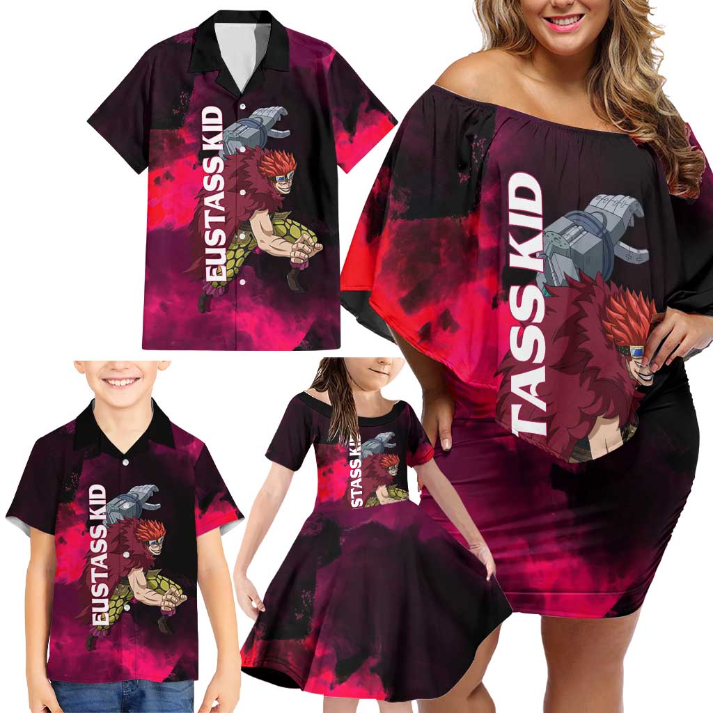 Eustass Kid One Piece Theme Red and Black Grunge Design Family Matching Off Shoulder Short Dress and Hawaiian Shirt with Mechanical Arm and Pirate Emblem