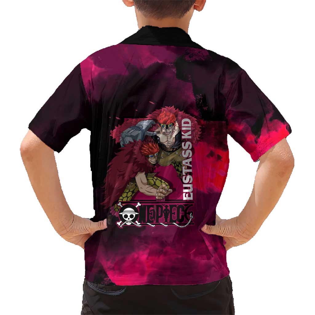 Eustass Kid One Piece Theme Red and Black Grunge Design Family Matching Off Shoulder Short Dress and Hawaiian Shirt with Mechanical Arm and Pirate Emblem