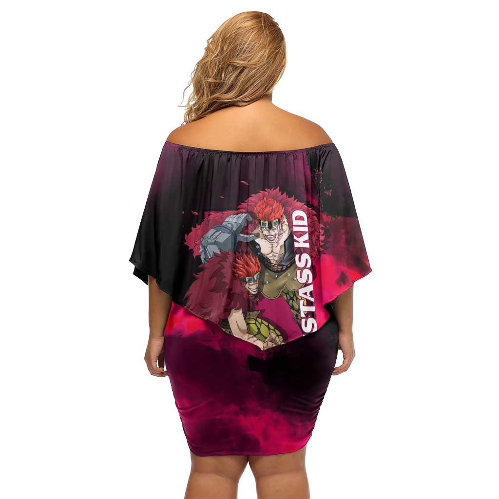 Eustass Kid One Piece Theme Red and Black Grunge Design Family Matching Off Shoulder Short Dress and Hawaiian Shirt with Mechanical Arm and Pirate Emblem