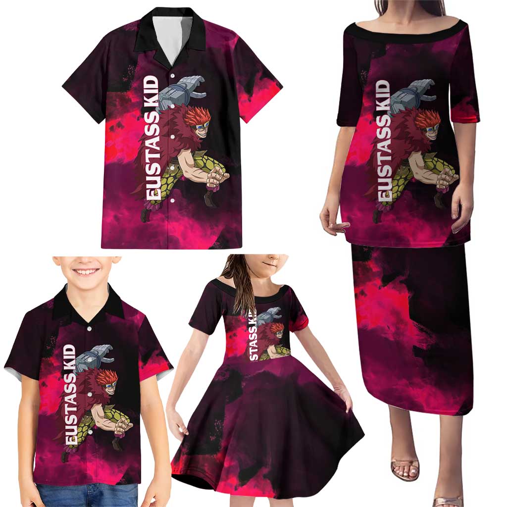 Eustass Kid One Piece Theme Red and Black Grunge Design Family Matching Puletasi and Hawaiian Shirt with Mechanical Arm and Pirate Emblem