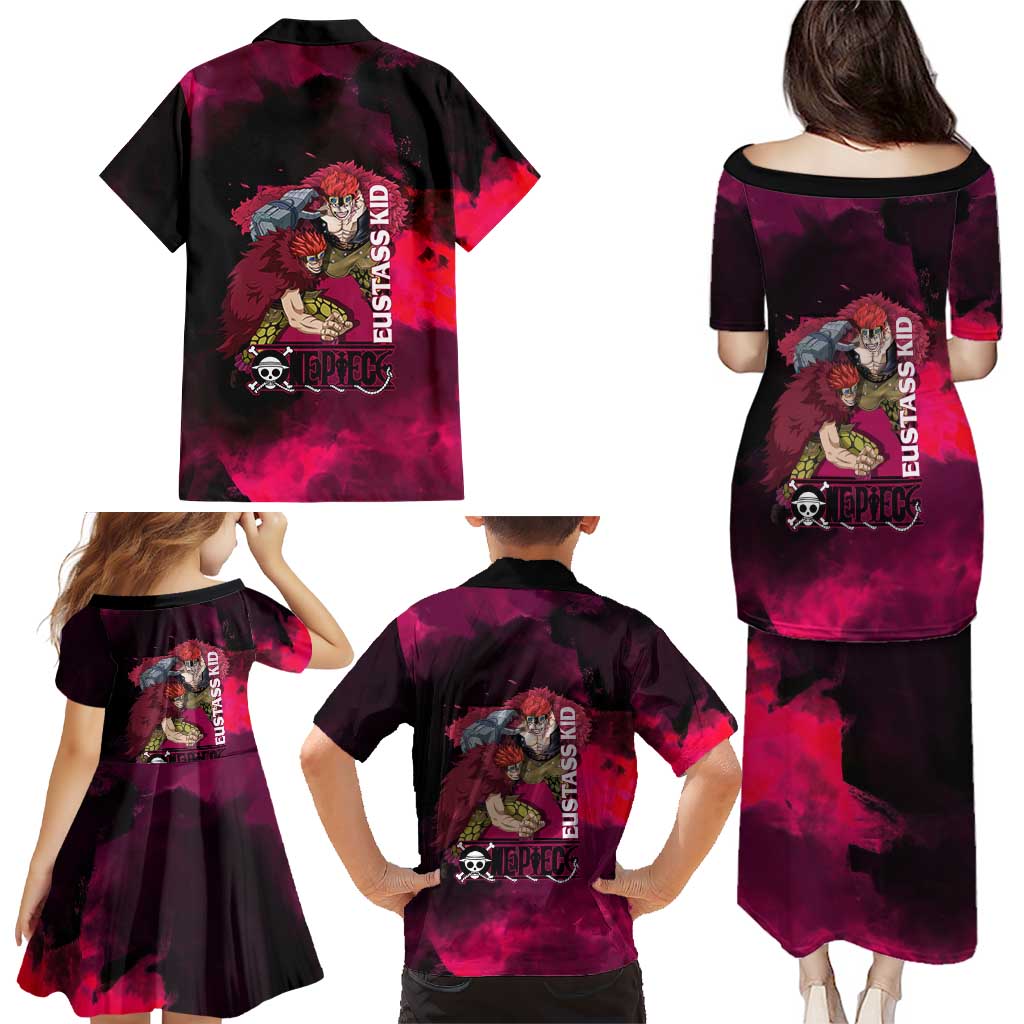 Eustass Kid One Piece Theme Red and Black Grunge Design Family Matching Puletasi and Hawaiian Shirt with Mechanical Arm and Pirate Emblem
