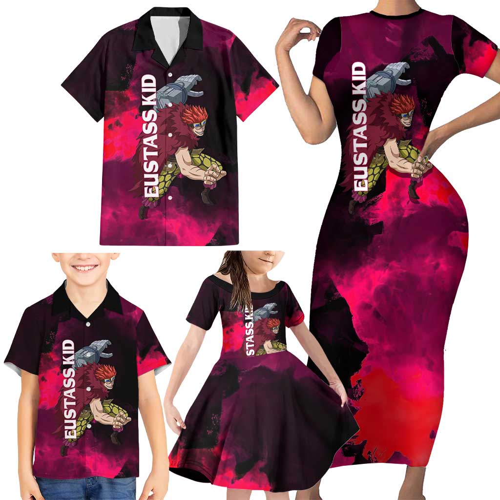 Eustass Kid One Piece Theme Red and Black Grunge Design Family Matching Short Sleeve Bodycon Dress and Hawaiian Shirt with Mechanical Arm and Pirate Emblem