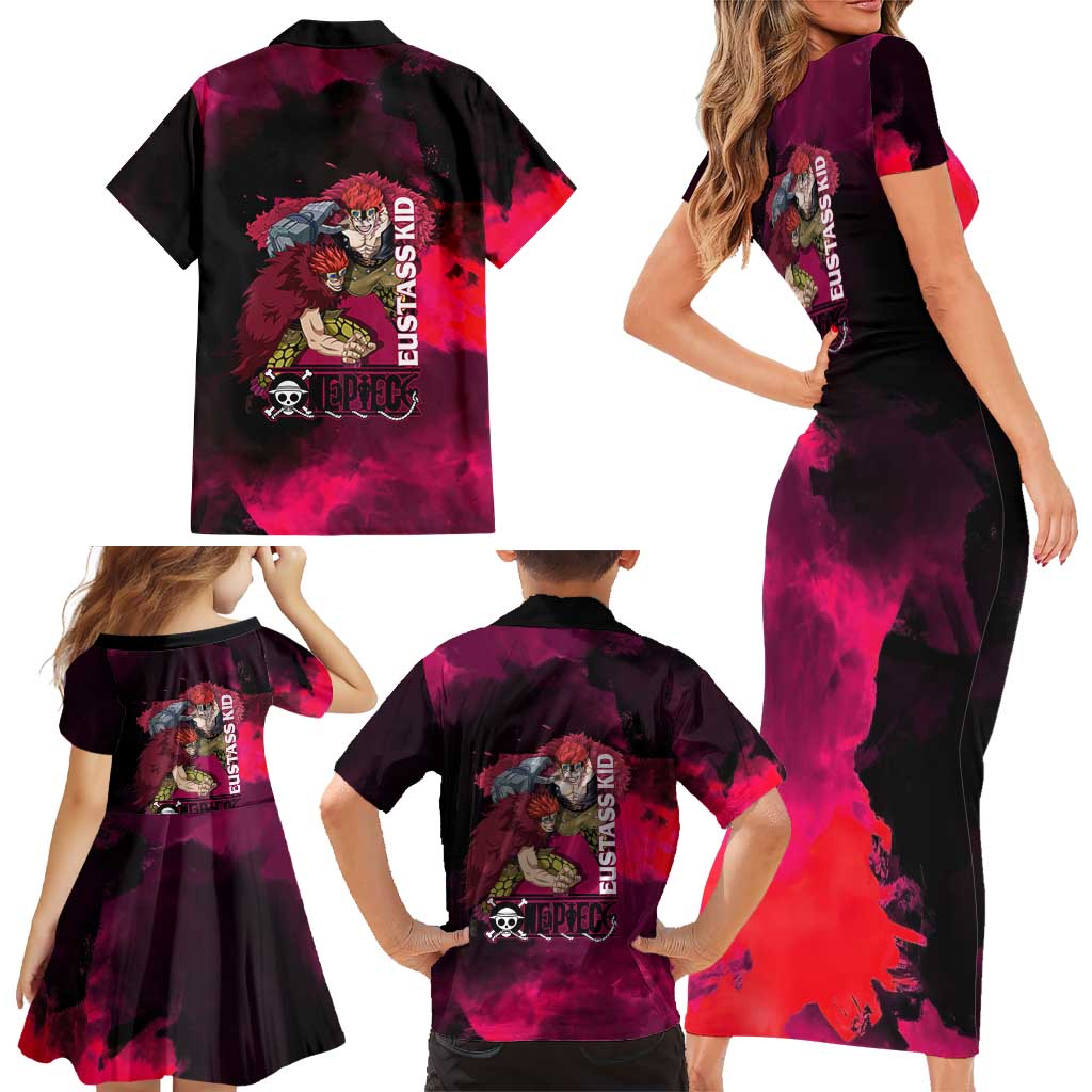 Eustass Kid One Piece Theme Red and Black Grunge Design Family Matching Short Sleeve Bodycon Dress and Hawaiian Shirt with Mechanical Arm and Pirate Emblem