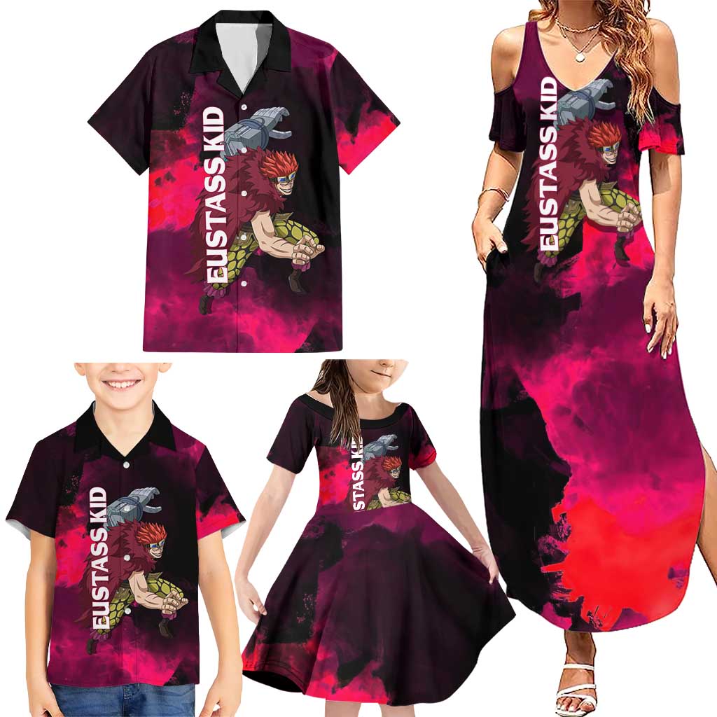 Eustass Kid One Piece Theme Red and Black Grunge Design Family Matching Summer Maxi Dress and Hawaiian Shirt with Mechanical Arm and Pirate Emblem