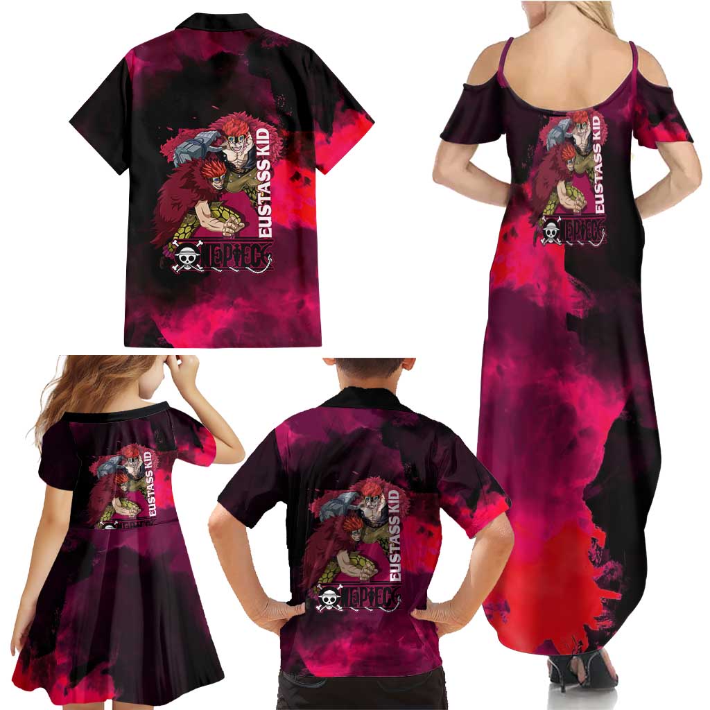 Eustass Kid One Piece Theme Red and Black Grunge Design Family Matching Summer Maxi Dress and Hawaiian Shirt with Mechanical Arm and Pirate Emblem