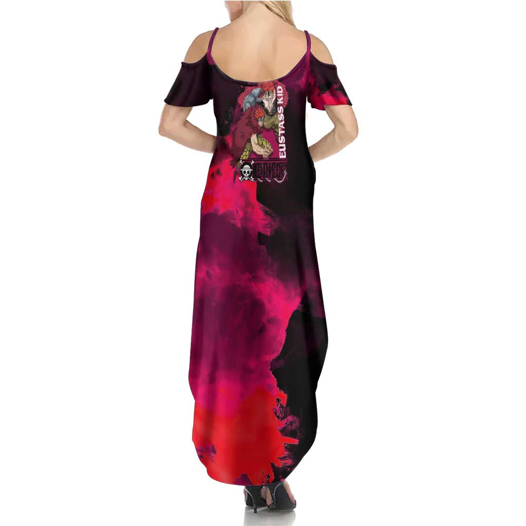 Eustass Kid One Piece Theme Red and Black Grunge Design Family Matching Summer Maxi Dress and Hawaiian Shirt with Mechanical Arm and Pirate Emblem