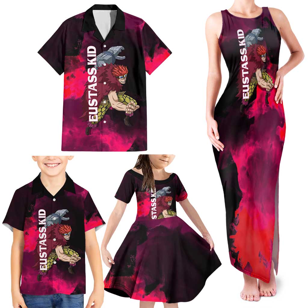 Eustass Kid One Piece Theme Red and Black Grunge Design Family Matching Tank Maxi Dress and Hawaiian Shirt with Mechanical Arm and Pirate Emblem