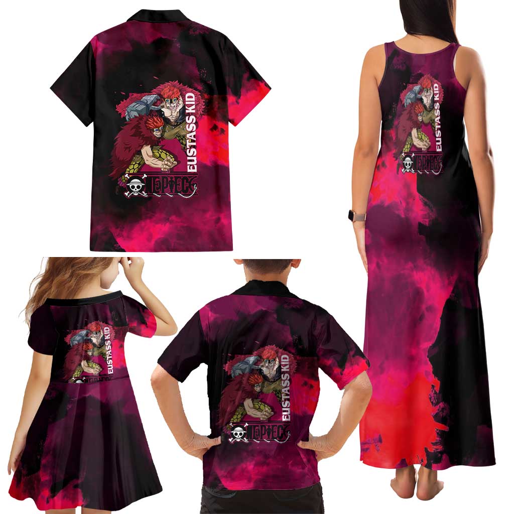 Eustass Kid One Piece Theme Red and Black Grunge Design Family Matching Tank Maxi Dress and Hawaiian Shirt with Mechanical Arm and Pirate Emblem