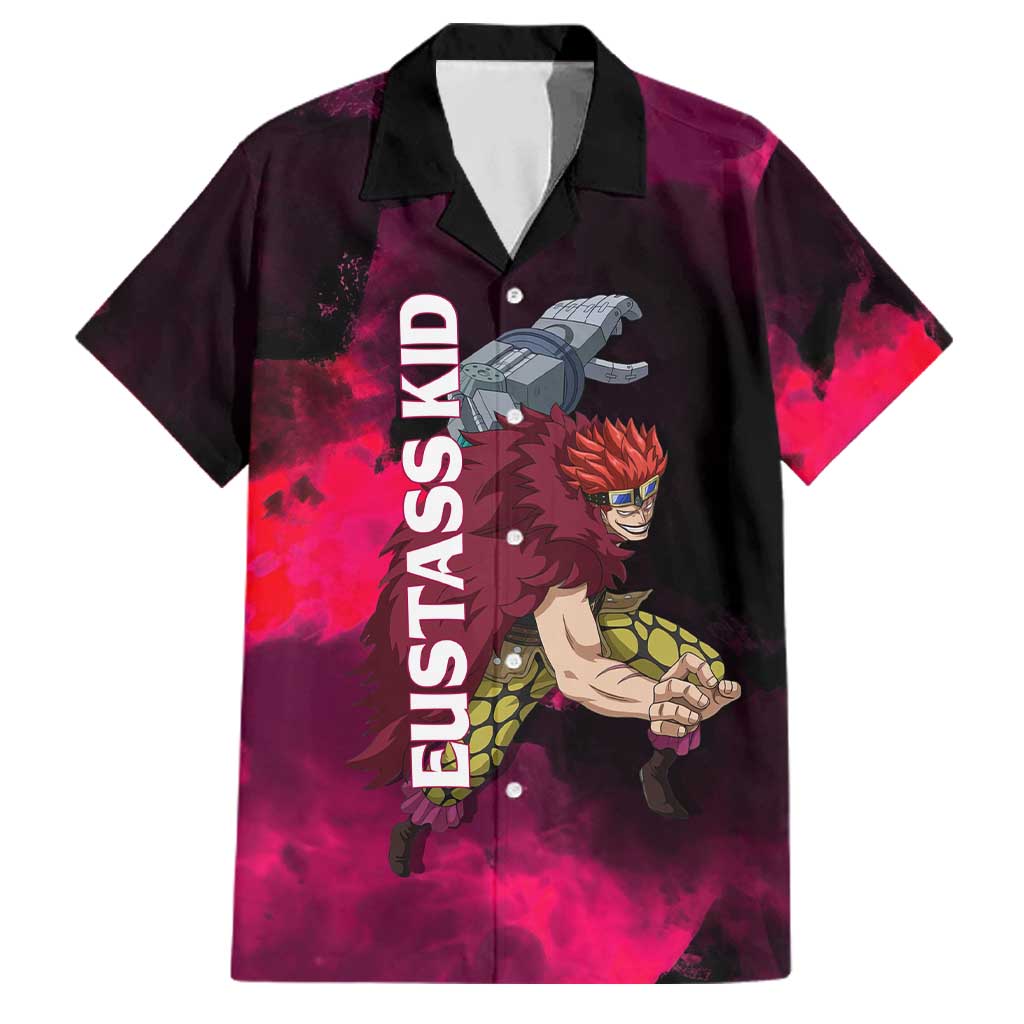 Eustass Kid One Piece Theme Red and Black Grunge Design Family Matching Tank Maxi Dress and Hawaiian Shirt with Mechanical Arm and Pirate Emblem