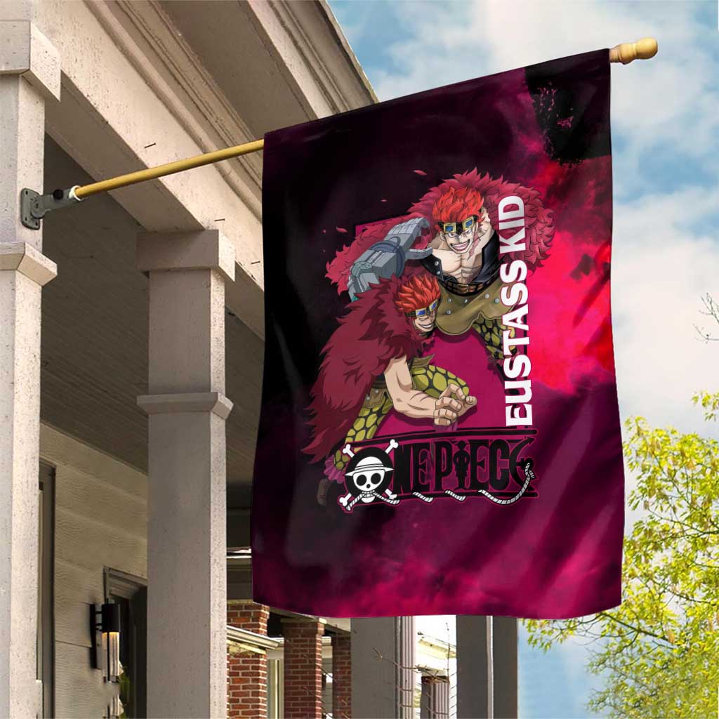 Eustass Kid One Piece Theme Red and Black Grunge Design Garden Flag with Mechanical Arm and Pirate Emblem - The Mazicc