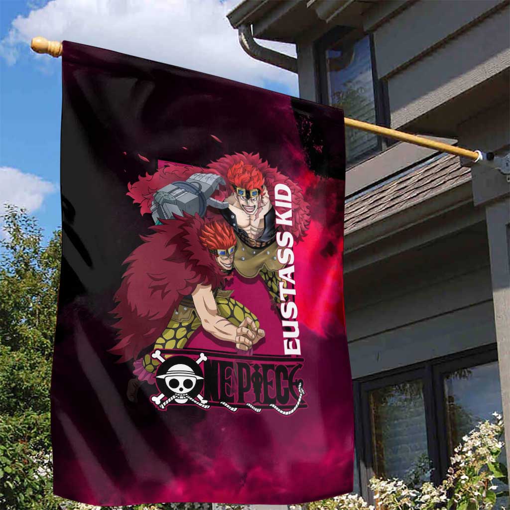 Eustass Kid One Piece Theme Red and Black Grunge Design Garden Flag with Mechanical Arm and Pirate Emblem - The Mazicc