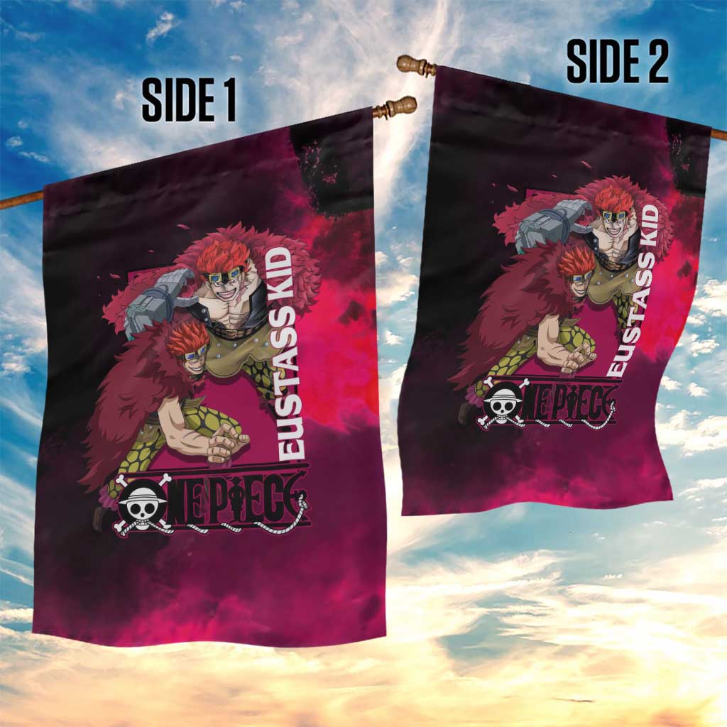 Eustass Kid One Piece Theme Red and Black Grunge Design Garden Flag with Mechanical Arm and Pirate Emblem - The Mazicc