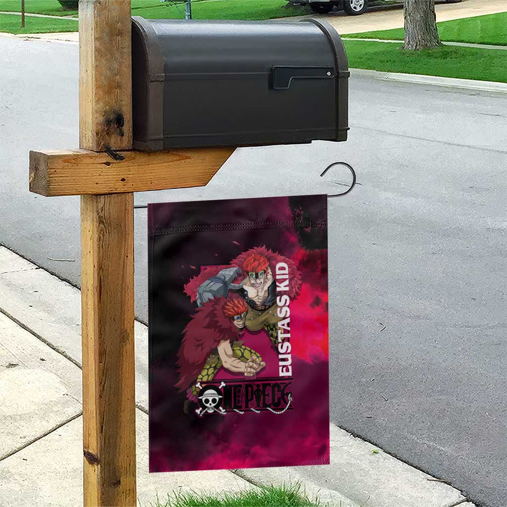 Eustass Kid One Piece Theme Red and Black Grunge Design Garden Flag with Mechanical Arm and Pirate Emblem - The Mazicc