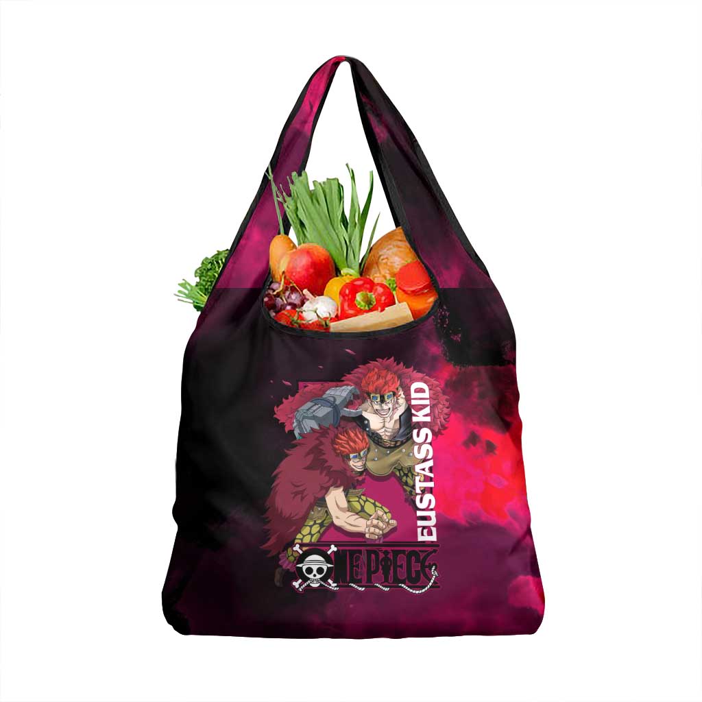Eustass Kid One Piece Theme Red and Black Grunge Design Grocery Bag with Mechanical Arm and Pirate Emblem - The Mazicc