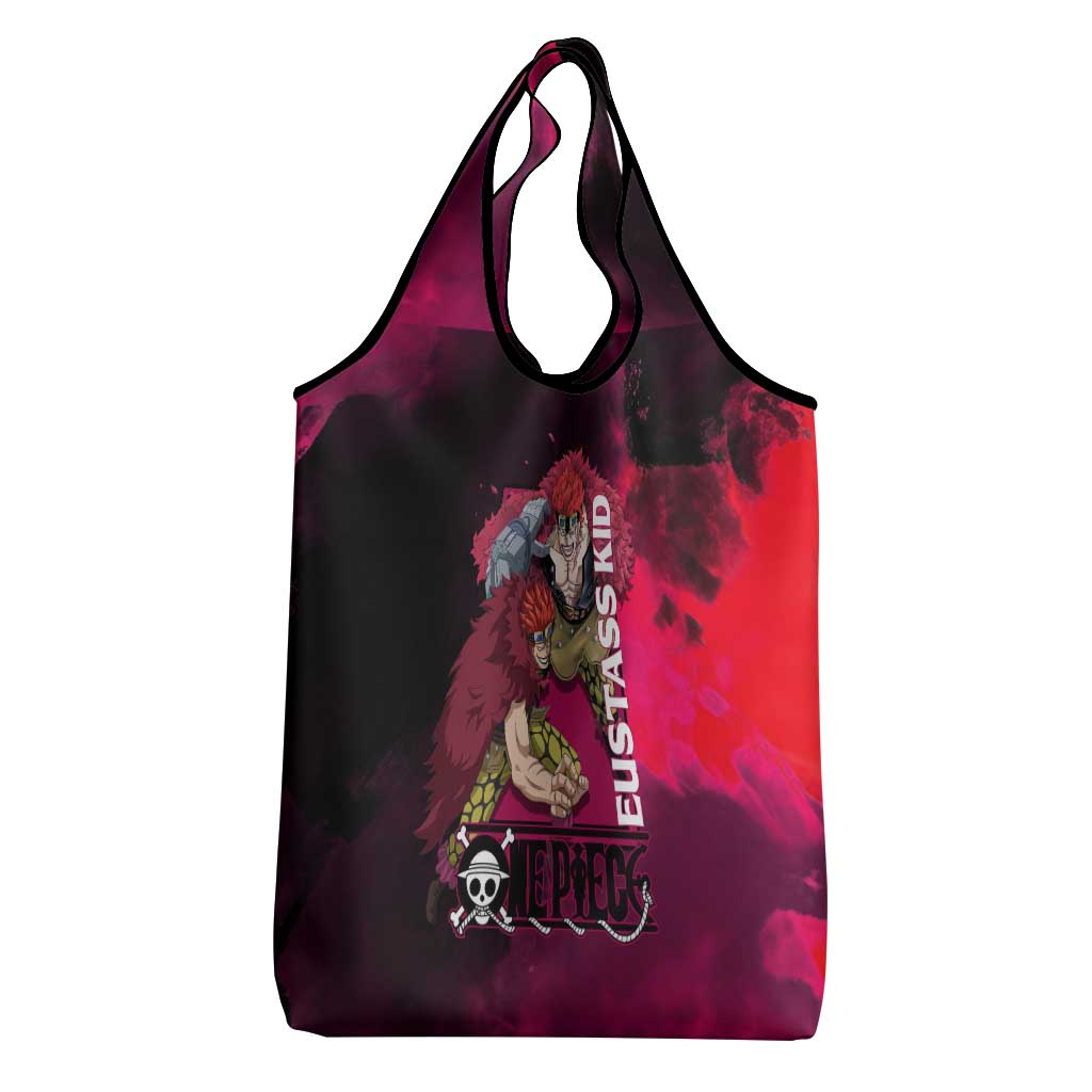 Eustass Kid One Piece Theme Red and Black Grunge Design Grocery Bag with Mechanical Arm and Pirate Emblem - The Mazicc