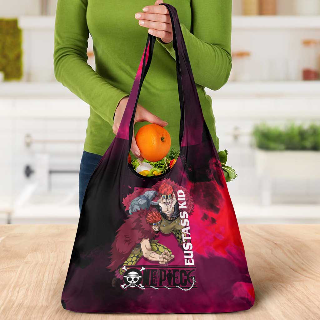 Eustass Kid One Piece Theme Red and Black Grunge Design Grocery Bag with Mechanical Arm and Pirate Emblem - The Mazicc
