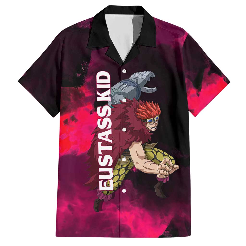 Eustass Kid One Piece Theme Red and Black Grunge Design Hawaiian Shirt with Mechanical Arm and Pirate Emblem - The Mazicc