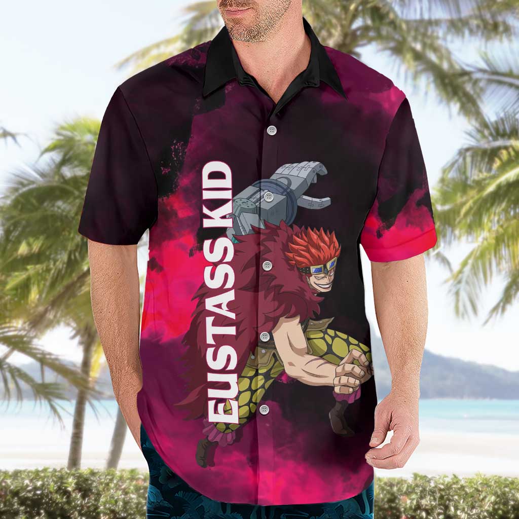 Eustass Kid One Piece Theme Red and Black Grunge Design Hawaiian Shirt with Mechanical Arm and Pirate Emblem - The Mazicc