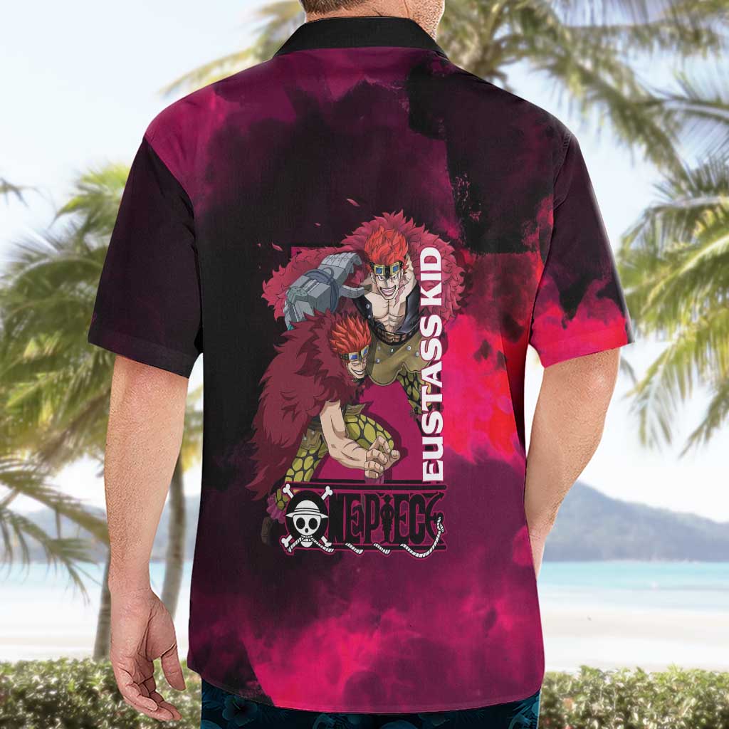 Eustass Kid One Piece Theme Red and Black Grunge Design Hawaiian Shirt with Mechanical Arm and Pirate Emblem - The Mazicc