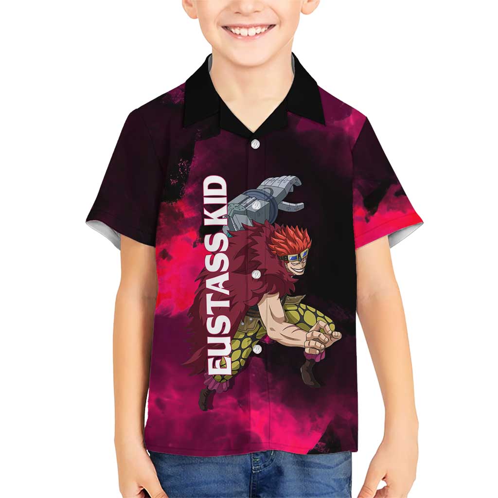 Eustass Kid One Piece Theme Red and Black Grunge Design Hawaiian Shirt with Mechanical Arm and Pirate Emblem - The Mazicc
