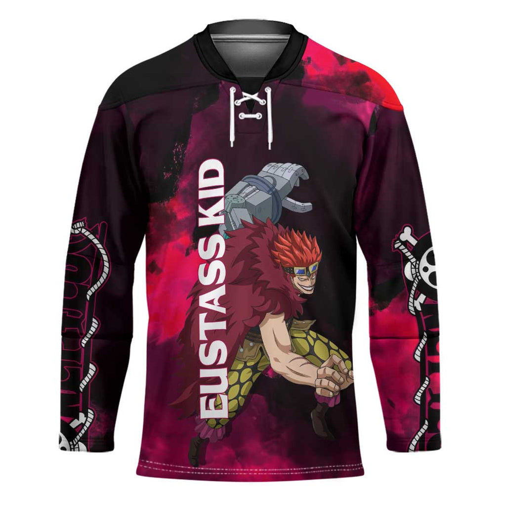 Eustass Kid One Piece Theme Red and Black Grunge Design Hockey Jersey with Mechanical Arm and Pirate Emblem - The Mazicc