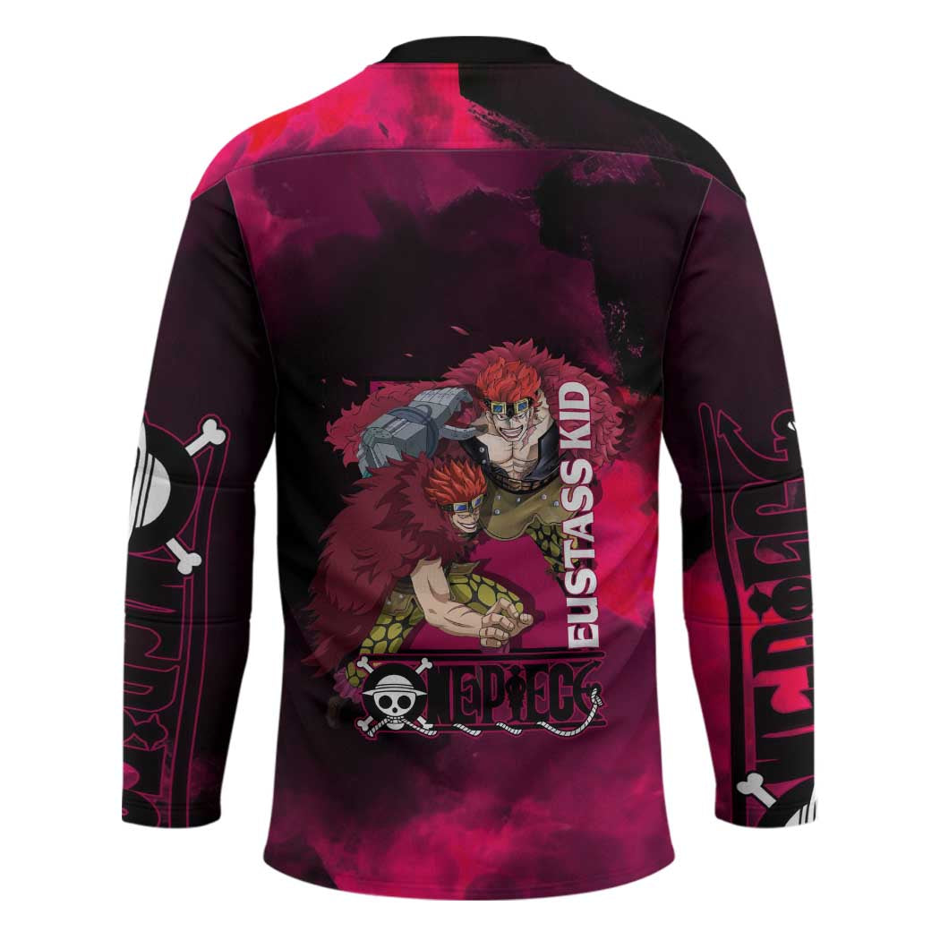 Eustass Kid One Piece Theme Red and Black Grunge Design Hockey Jersey with Mechanical Arm and Pirate Emblem - The Mazicc