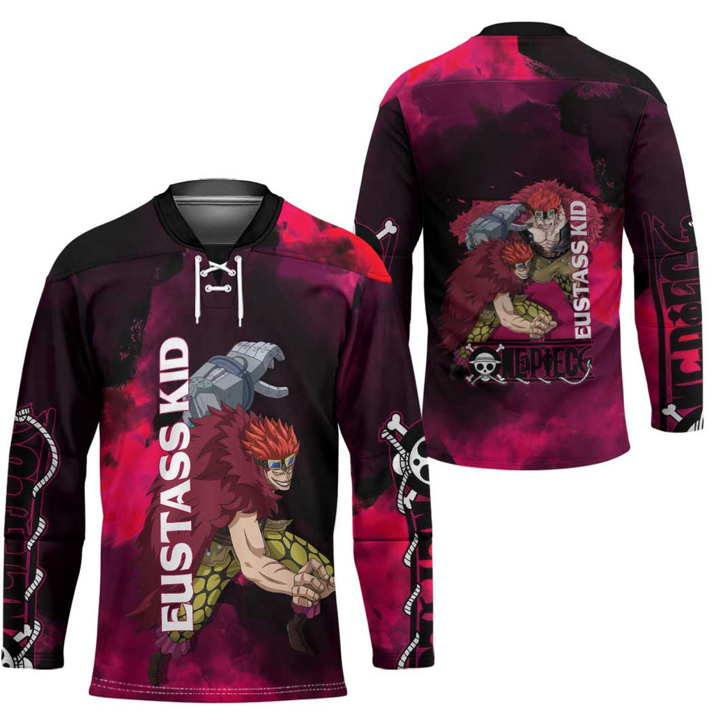 Eustass Kid One Piece Theme Red and Black Grunge Design Hockey Jersey with Mechanical Arm and Pirate Emblem - The Mazicc