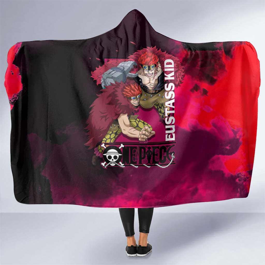 Eustass Kid One Piece Theme Red and Black Grunge Design Hooded Blanket with Mechanical Arm and Pirate Emblem - The Mazicc
