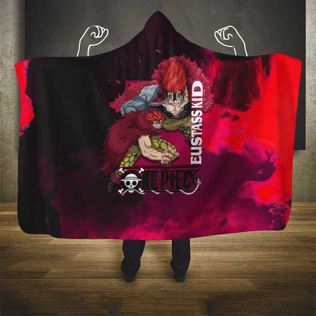 Eustass Kid One Piece Theme Red and Black Grunge Design Hooded Blanket with Mechanical Arm and Pirate Emblem - The Mazicc