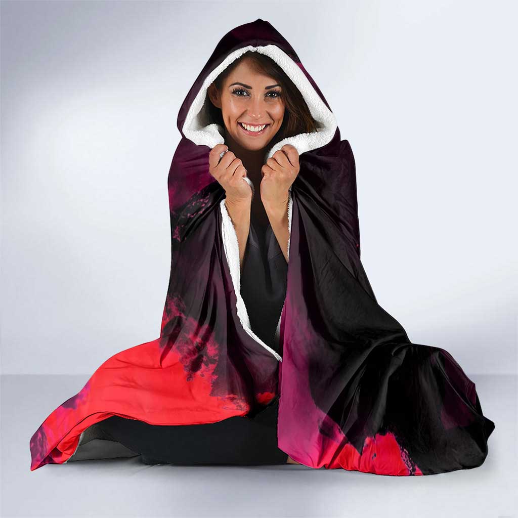 Eustass Kid One Piece Theme Red and Black Grunge Design Hooded Blanket with Mechanical Arm and Pirate Emblem - The Mazicc