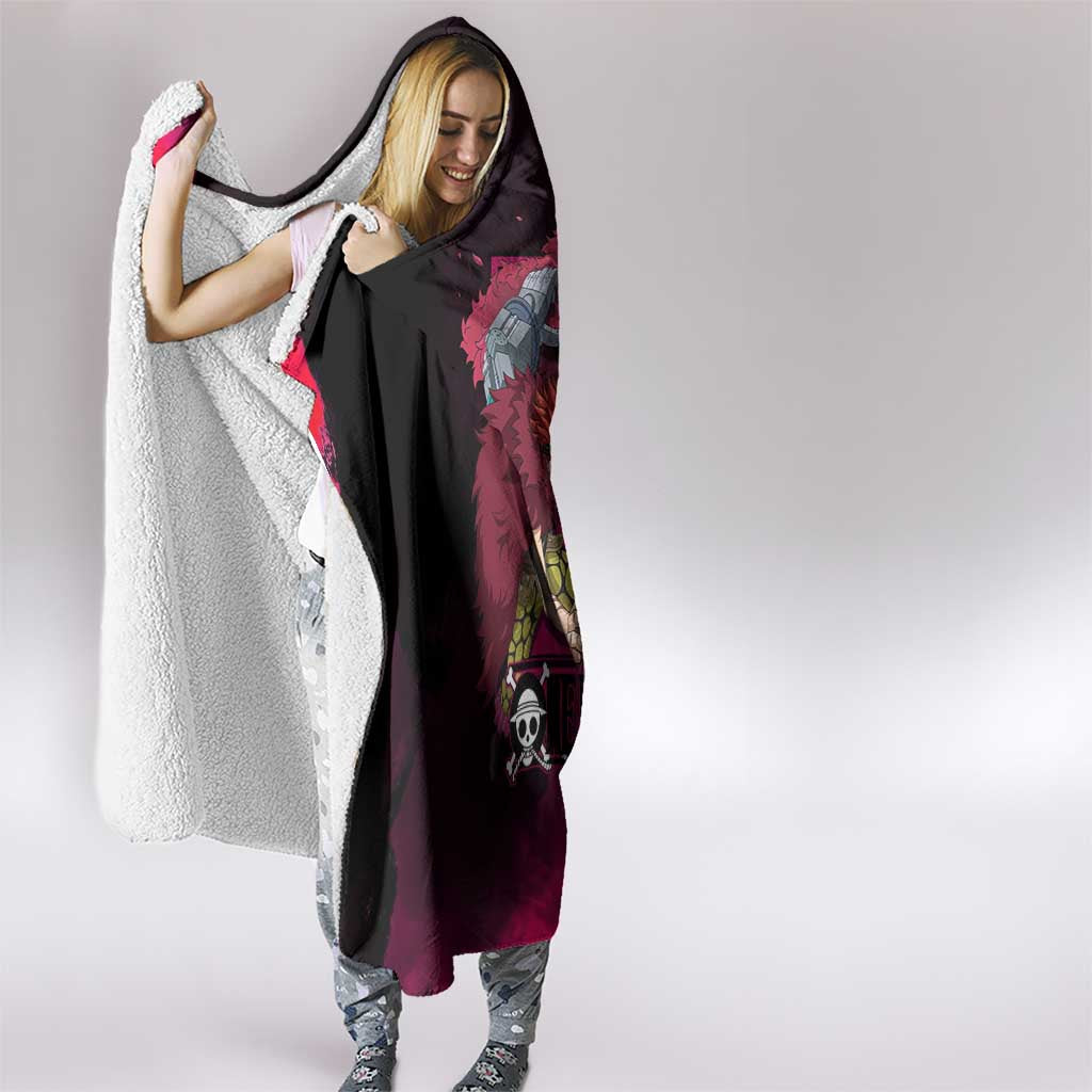 Eustass Kid One Piece Theme Red and Black Grunge Design Hooded Blanket with Mechanical Arm and Pirate Emblem - The Mazicc