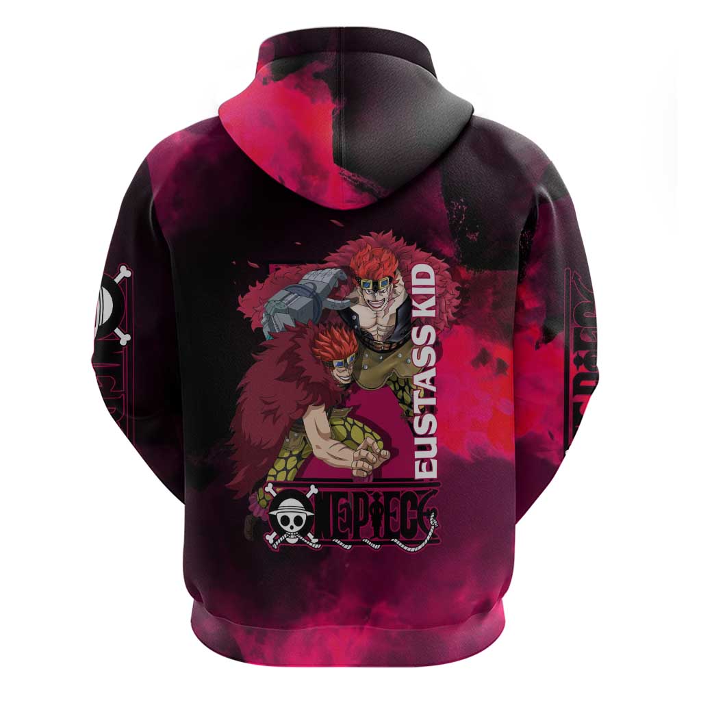 Eustass Kid One Piece Theme Red and Black Grunge Design Hoodie with Mechanical Arm and Pirate Emblem - The Mazicc