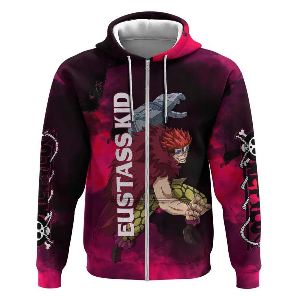 Eustass Kid One Piece Theme Red and Black Grunge Design Hoodie with Mechanical Arm and Pirate Emblem - The Mazicc