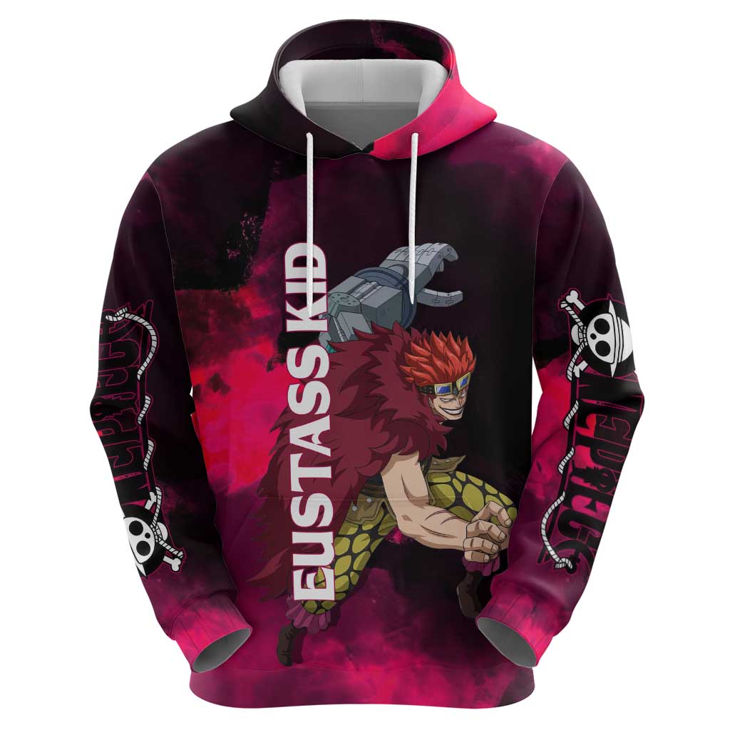 Eustass Kid One Piece Theme Red and Black Grunge Design Hoodie with Mechanical Arm and Pirate Emblem - The Mazicc