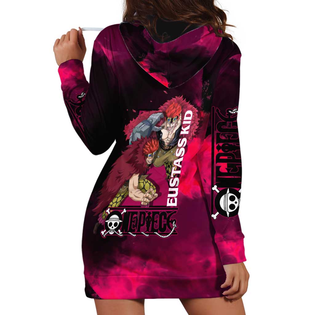 Eustass Kid One Piece Theme Red and Black Grunge Design Hoodie Dress with Mechanical Arm and Pirate Emblem - The Mazicc