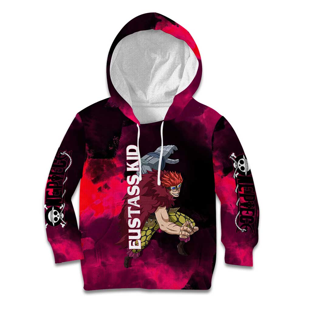 Eustass Kid One Piece Theme Red and Black Grunge Design Kid Hoodie with Mechanical Arm and Pirate Emblem - The Mazicc