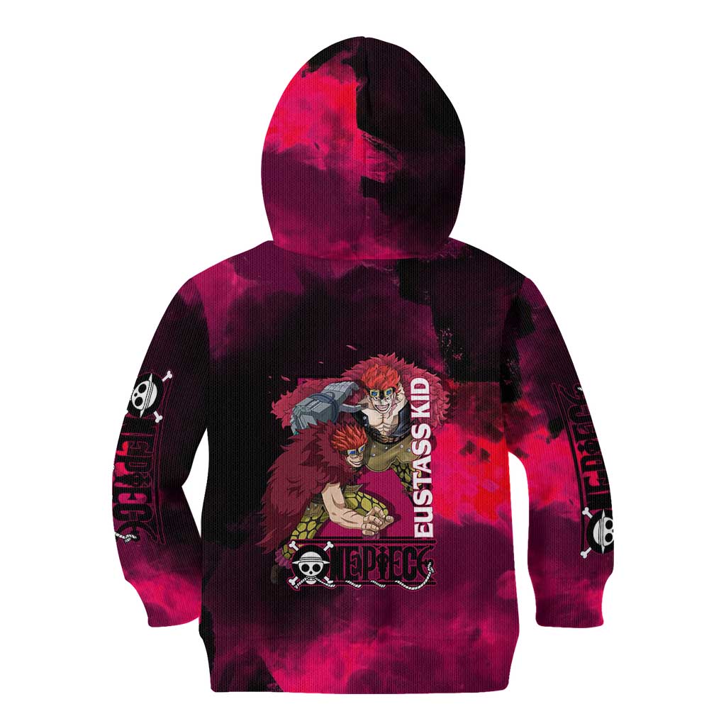Eustass Kid One Piece Theme Red and Black Grunge Design Kid Hoodie with Mechanical Arm and Pirate Emblem - The Mazicc