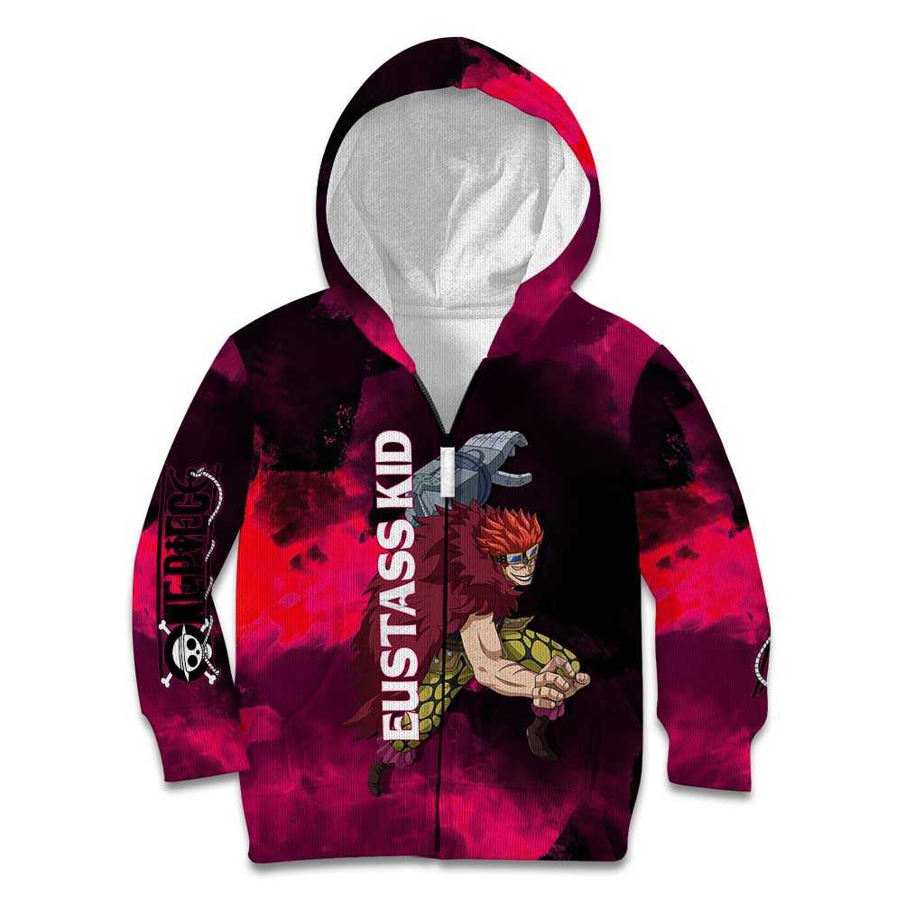 Eustass Kid One Piece Theme Red and Black Grunge Design Kid Hoodie with Mechanical Arm and Pirate Emblem - The Mazicc
