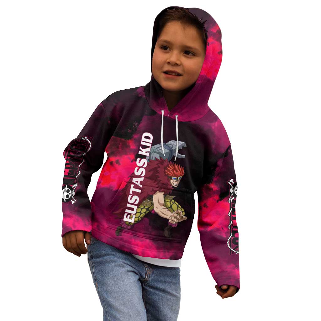 Eustass Kid One Piece Theme Red and Black Grunge Design Kid Hoodie with Mechanical Arm and Pirate Emblem - The Mazicc
