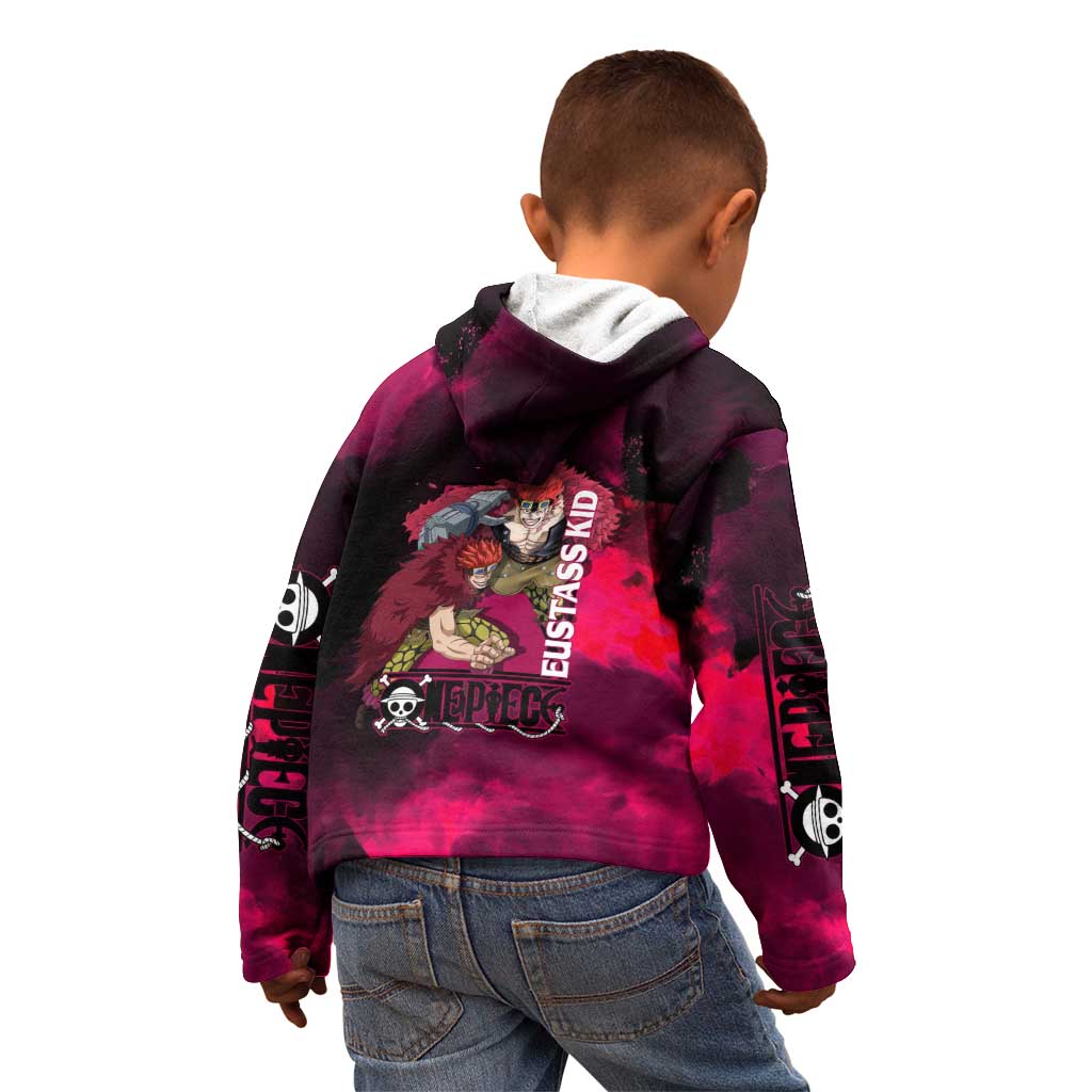 Eustass Kid One Piece Theme Red and Black Grunge Design Kid Hoodie with Mechanical Arm and Pirate Emblem - The Mazicc