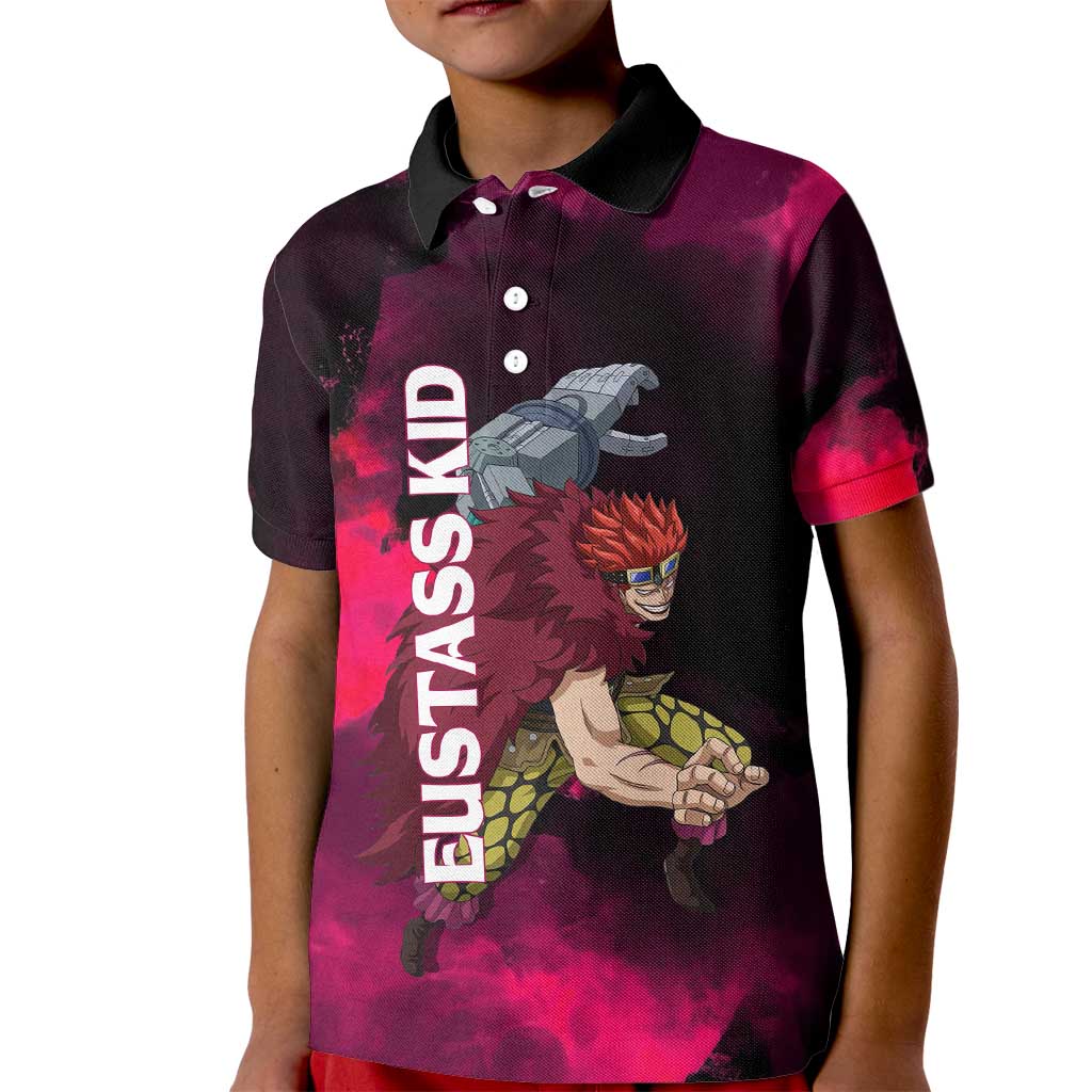 Eustass Kid One Piece Theme Red and Black Grunge Design Kid Polo Shirt with Mechanical Arm and Pirate Emblem - The Mazicc
