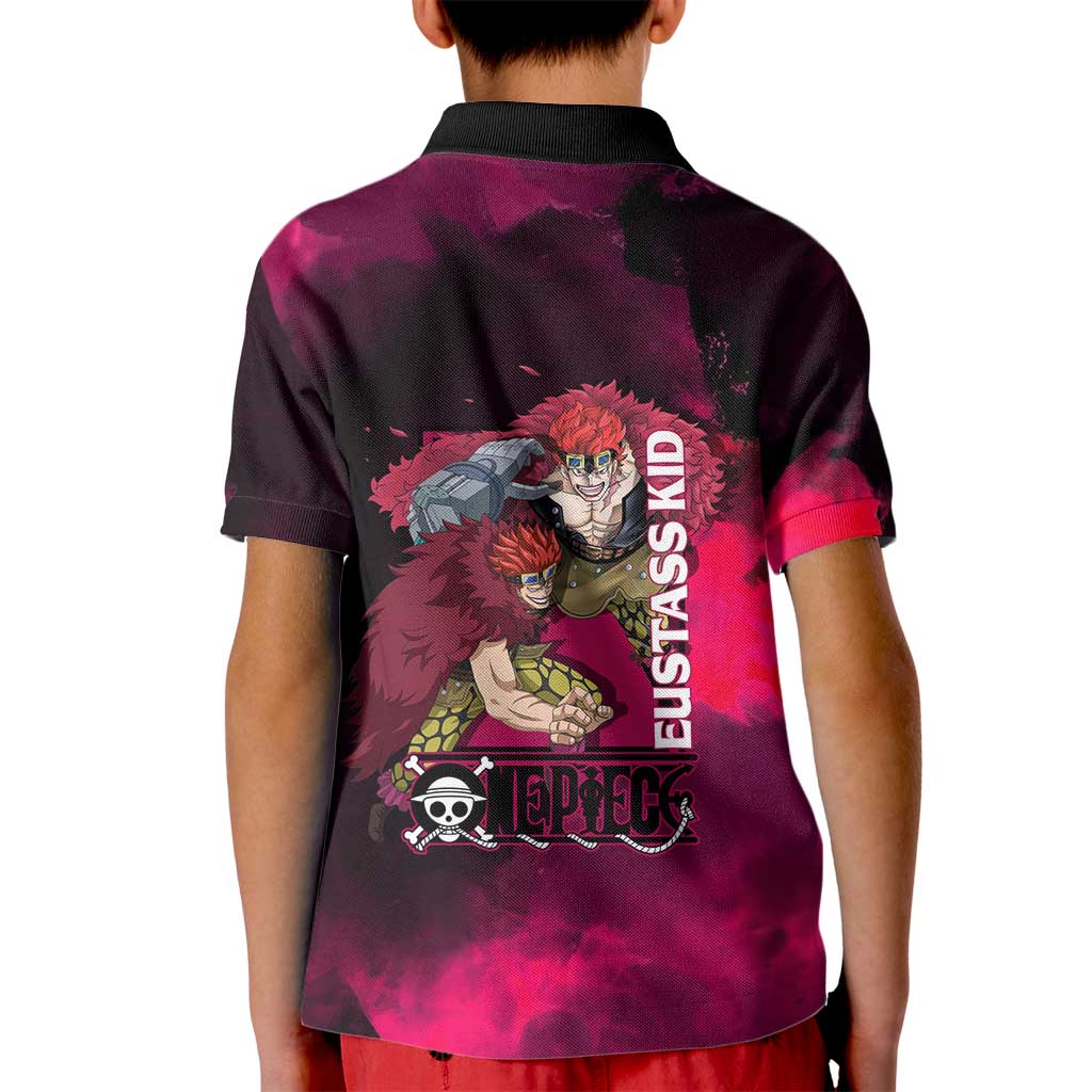 Eustass Kid One Piece Theme Red and Black Grunge Design Kid Polo Shirt with Mechanical Arm and Pirate Emblem - The Mazicc