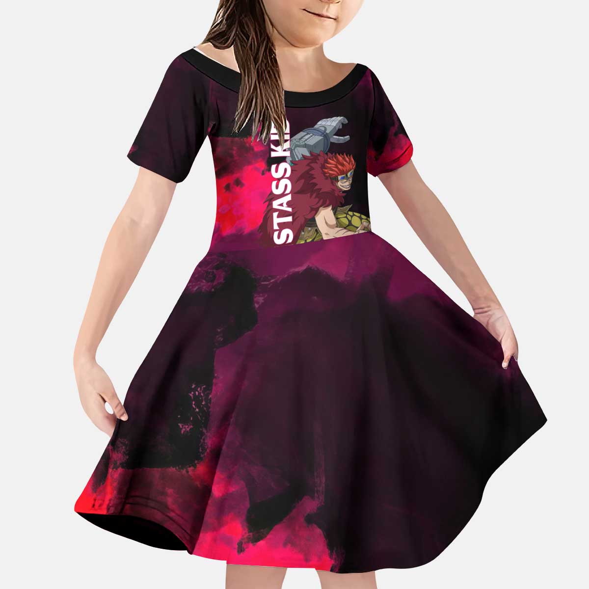 Eustass Kid One Piece Theme Red and Black Grunge Design Kid Short Sleeve Dress with Mechanical Arm and Pirate Emblem - The Mazicc