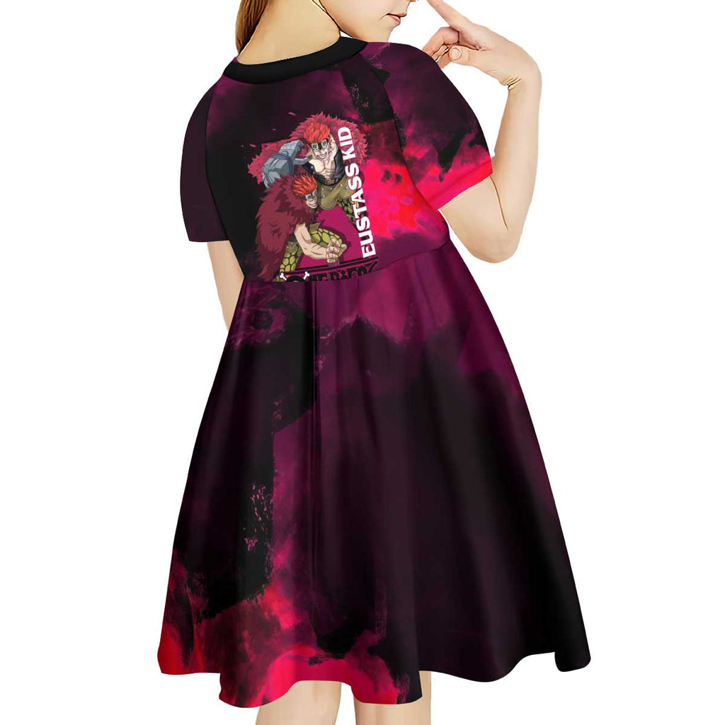 Eustass Kid One Piece Theme Red and Black Grunge Design Kid Short Sleeve Dress with Mechanical Arm and Pirate Emblem - The Mazicc