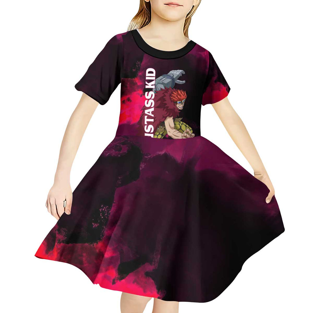 Eustass Kid One Piece Theme Red and Black Grunge Design Kid Short Sleeve Dress with Mechanical Arm and Pirate Emblem - The Mazicc