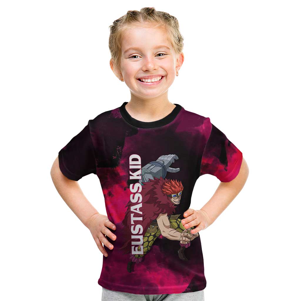 Eustass Kid One Piece Theme Red and Black Grunge Design Kid T Shirt with Mechanical Arm and Pirate Emblem - The Mazicc