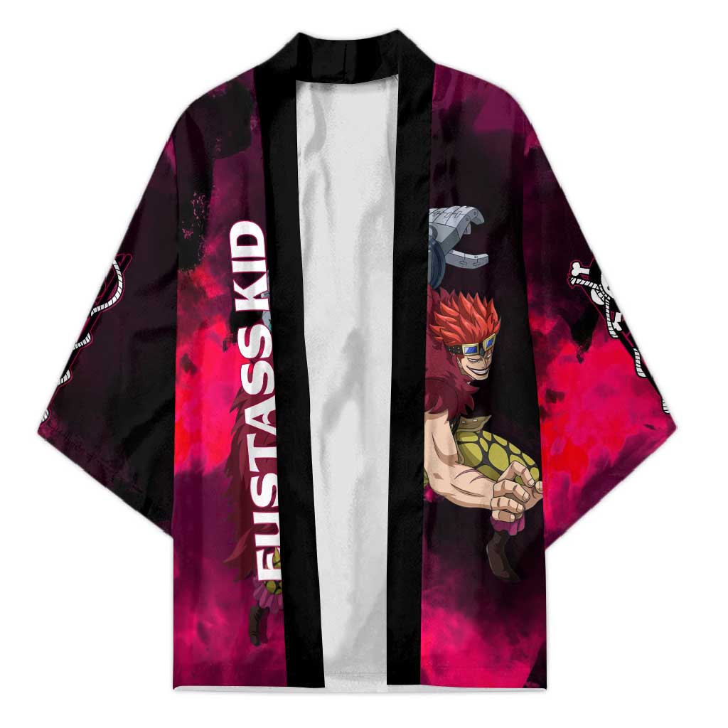 Eustass Kid One Piece Theme Red and Black Grunge Design Kimono with Mechanical Arm and Pirate Emblem - The Mazicc